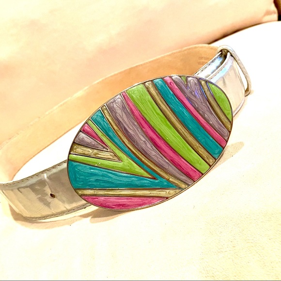 Silver Belt with Colorful Enamel Style Buckle - Picture 2 of 8